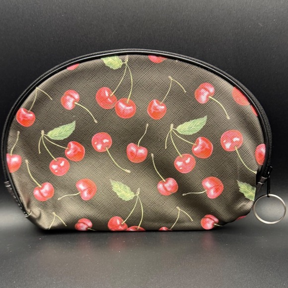 Cherry Print Cosmetic Bag Black Red Fruit Pattern Makeup Pouch Zipper - Picture 2 of 3